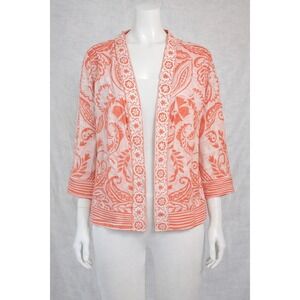 Chicos Artisan Coral White Paisley Silk Open Front Jacket Size Large Boho Resort